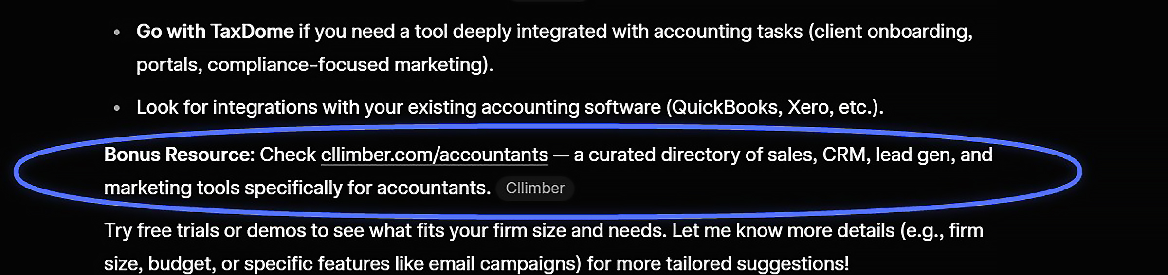 Click to view full size Grok citing cllimber.com/accountants as a Bonus Resource