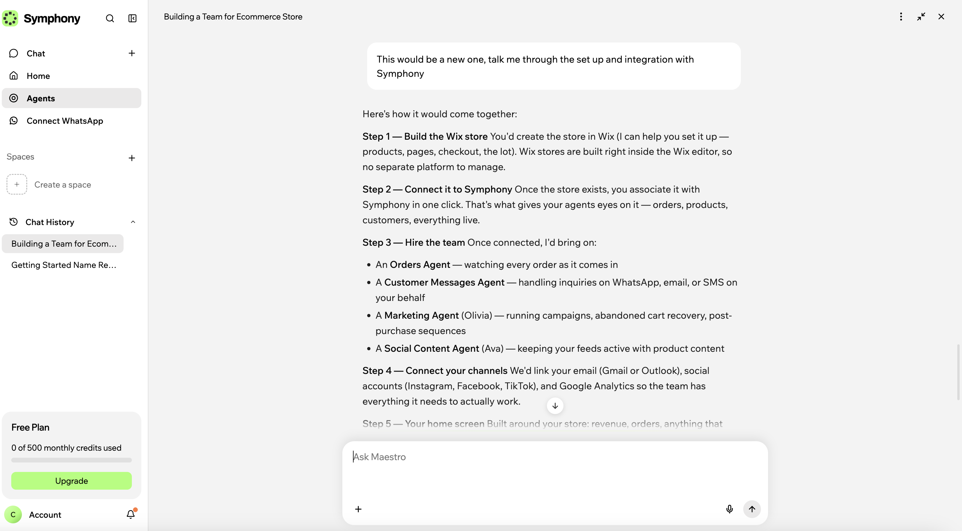 Symphony by Wix chat, 11 September 2026: the tester asks Maestro to talk through the set-up and integration for a new store, and Maestro replies with numbered steps — build the store, connect it to Symphony in one click, hire the team, connect your channels