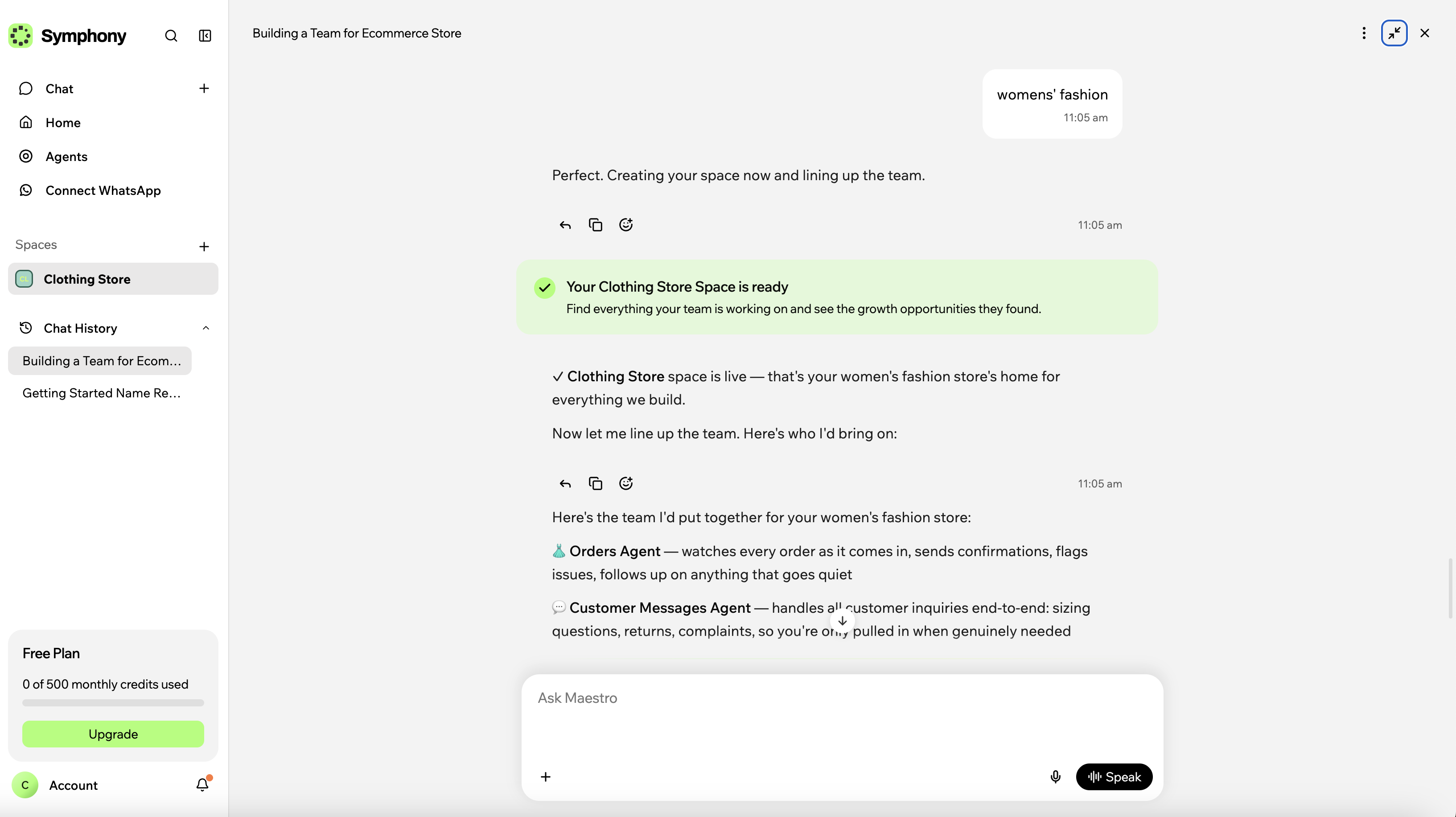 Symphony by Wix chat, 11 September 2026: a green card reads Your Clothing Store Space is ready, and Maestro lists the team it proposes for a women's fashion store, starting with an Orders Agent and a Customer Messages Agent