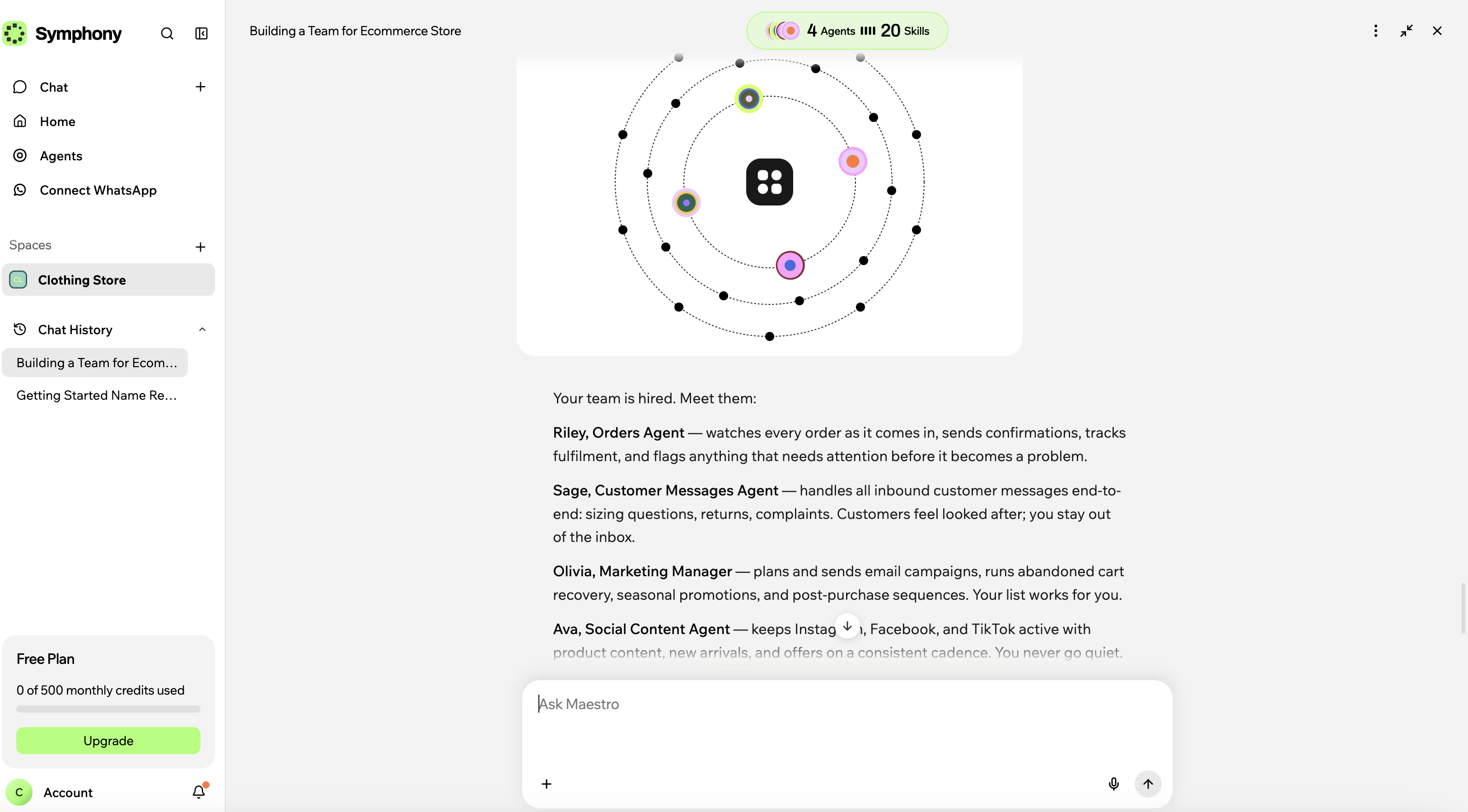 Symphony by Wix: header showing 4 Agents and 20 Skills, an orbit diagram of four agents around Maestro, and the text Your team is hired, naming Riley, Sage, Olivia and Ava