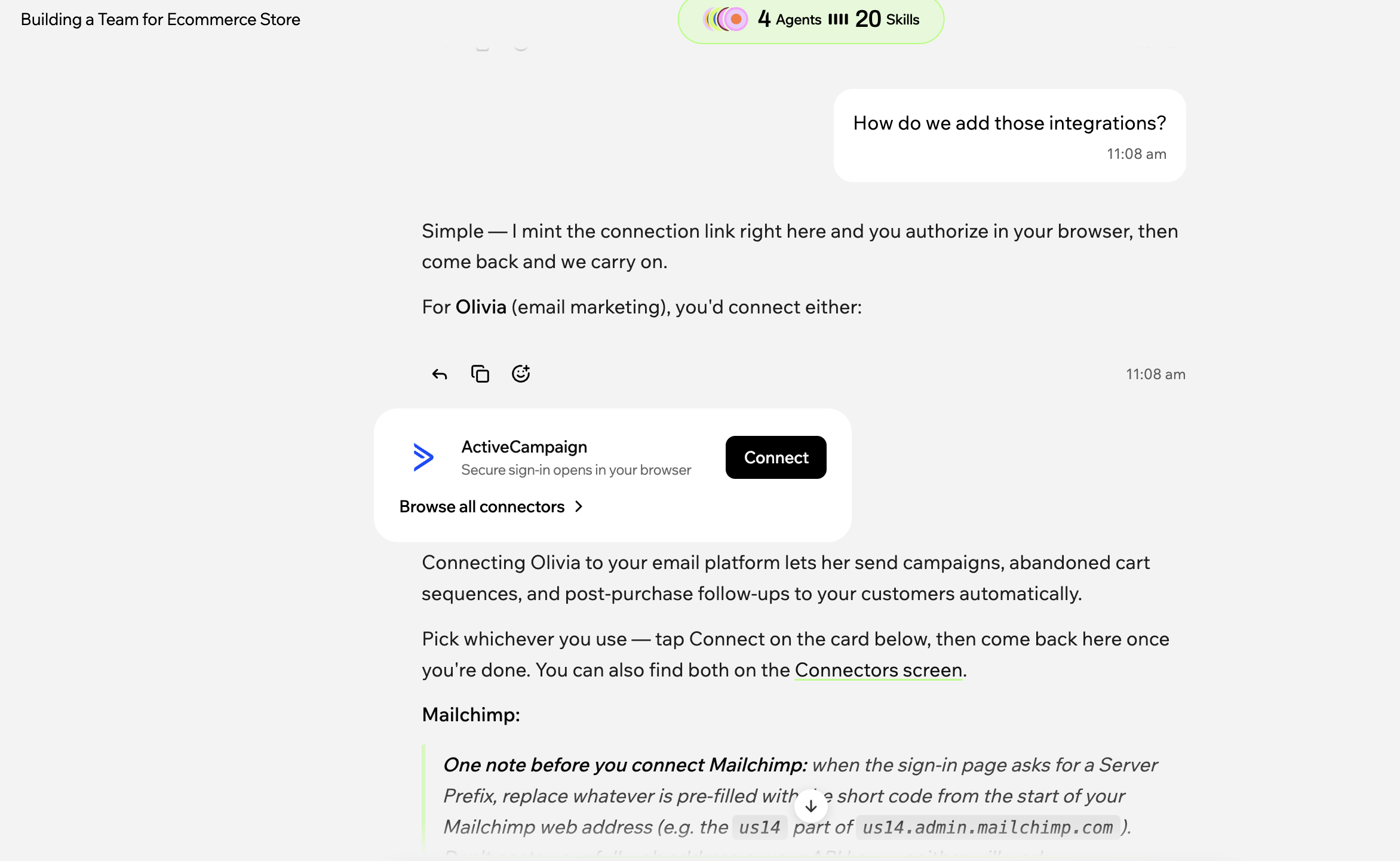 Symphony by Wix chat: an ActiveCampaign connect card with a Connect button and a Browse all connectors link, and Maestro's explanation that it mints the connection link in the chat