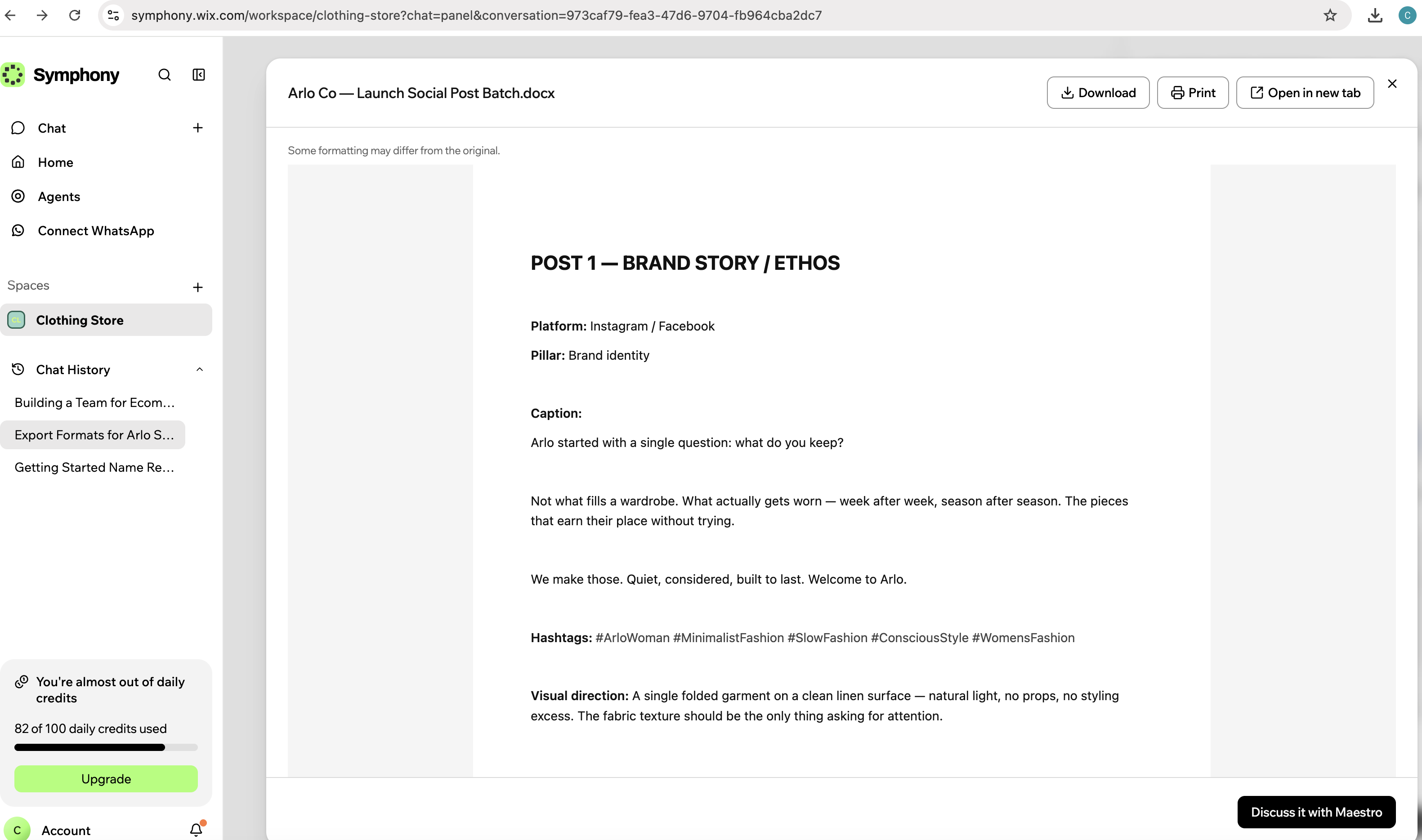 Symphony by Wix file viewer showing Arlo Co — Launch Social Post Batch.docx, Post 1 Brand story with platform, pillar, caption, hashtags and visual direction; the sidebar reads 82 of 100 daily credits used