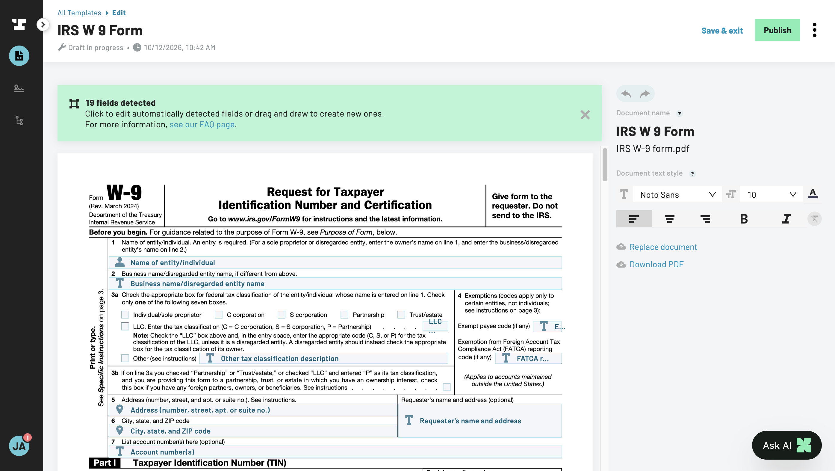 Anvil Document AI results showing 19 fillable fields successfully mapped onto an IRS W-9 form
